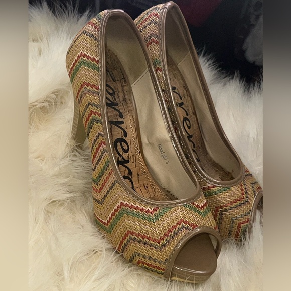 Italian Henry Ferrera Tan Y2K Peep Toe Wicker Wood Heels Stiletto Pumps 8 Italy - Picture 11 of 16